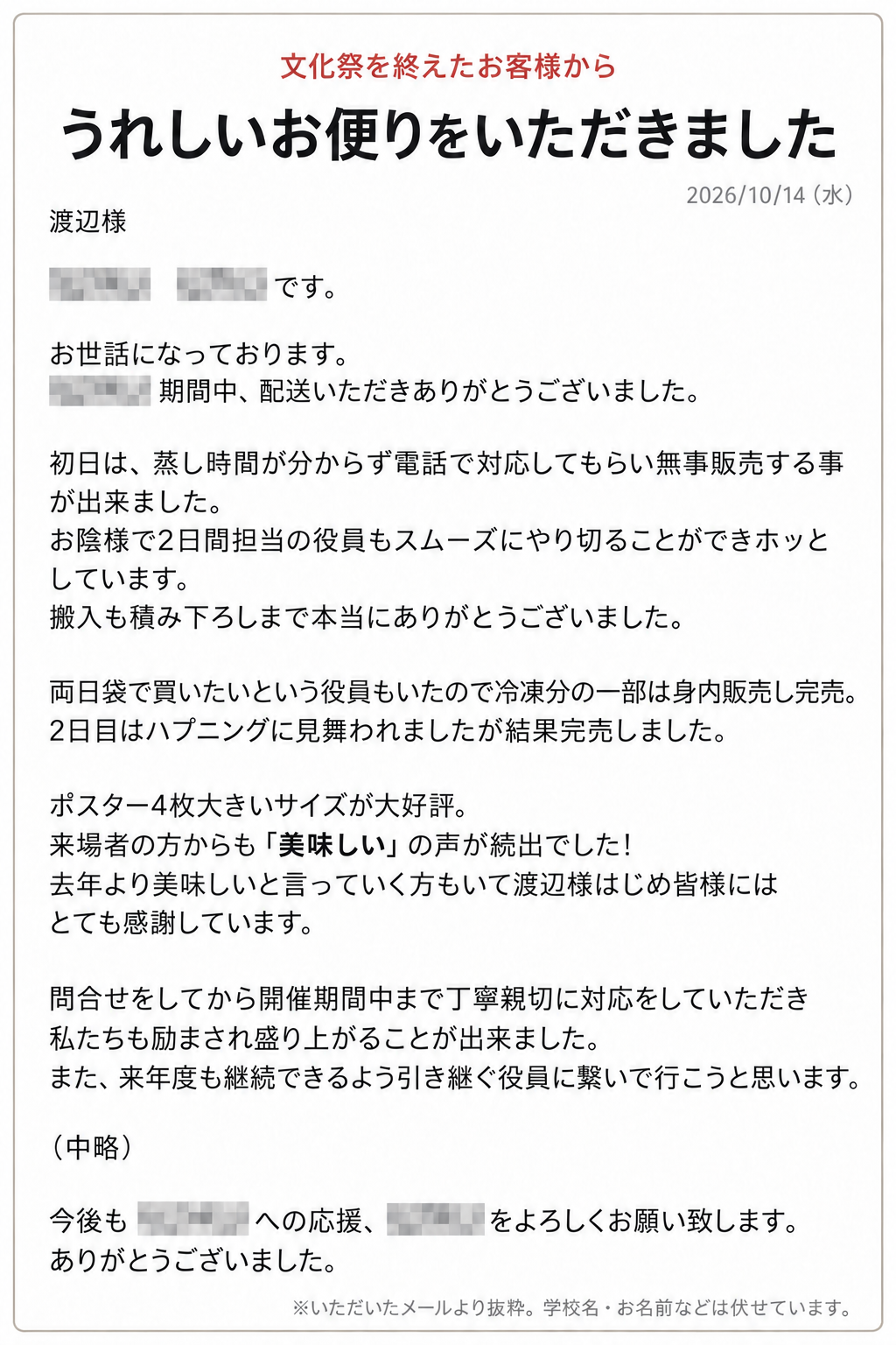 文化祭を終えた学校から届いたお礼のメール（一部）